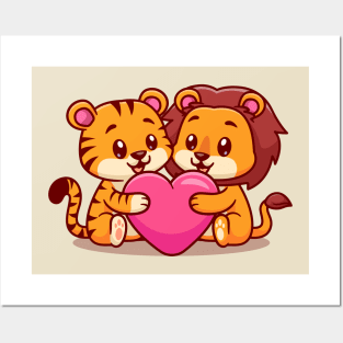 Cute Tiger And Lion Hug Love Heart Cartoon Posters and Art